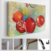 Origineel olieverfschilderij van smakelijke granaatappelfruit (Punica granatum) op canvas. Modern impressionisme - Modern Art Canvas - Horizontaal - 328579292