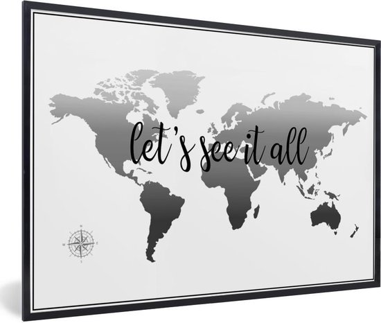 Fotolijst incl. Poster Zwart Wit- Wereldkaart zonder omlijningen een zwarte tekst - zwart wit - 120x80 cm - Posterlijst