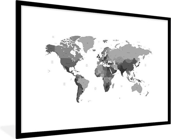 Fotolijst incl. Poster Zwart Wit- Gemarkeerde landen op een wereldkaart - zwart wit - 90x60 cm - Posterlijst