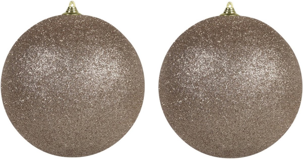 Othmar Decorations Kerstbal - 2x stuks - groot - champagne - D18 cm - kunststof - glitter afwerking - kerstversiering