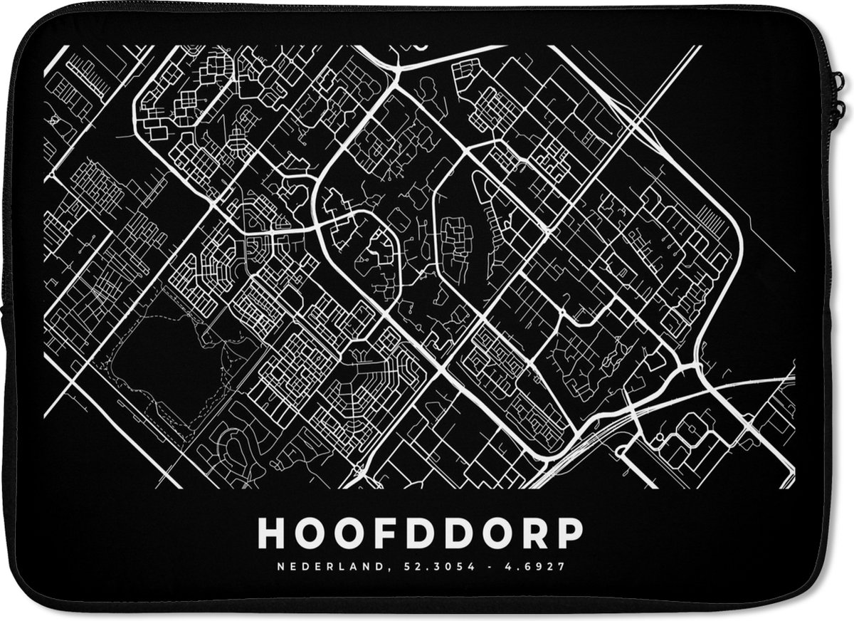 Laptophoes 14 inch - Kaart - Hoofddorp - Zwart - Laptop sleeve - Binnenmaat 33x23 cm - Zwarte achterkant