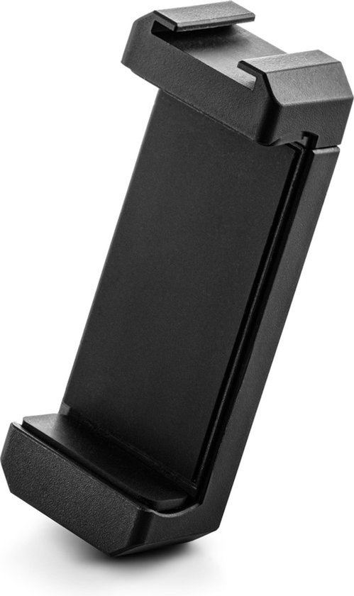 Zwarte, verstelbare telefoonhouder van kunststof, met een uitsparing aan de bovenkant.