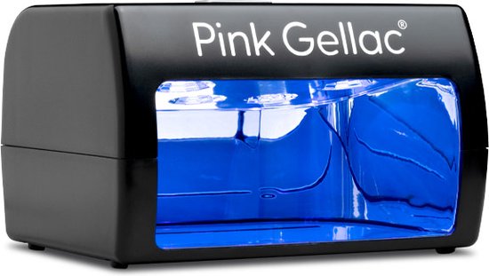 Zwarte Pink Gellac UV-lamp met blauw licht aan de binnenkant.