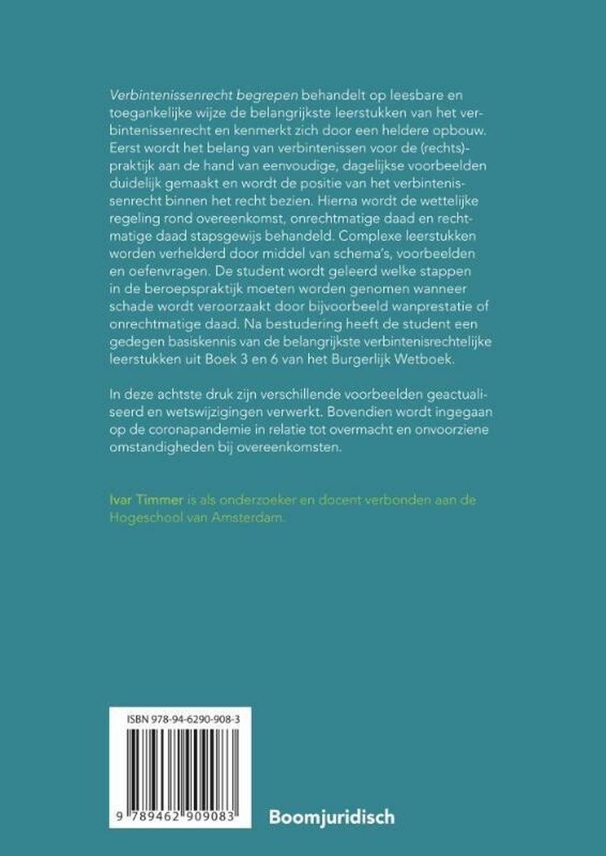 Achterkant van het boek 'Verbintenissenrecht begrepen'. Bevat de ISBN-balkcode en informatie over de inhoud en auteur.