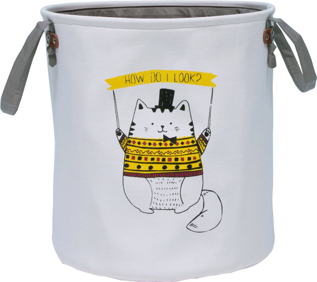 Opbergmand met handvatten - Leuke kat - Mooie kleurtjes - Wasmand Kinderkamer - Opbergen speelgoedmand - Wit - Geel