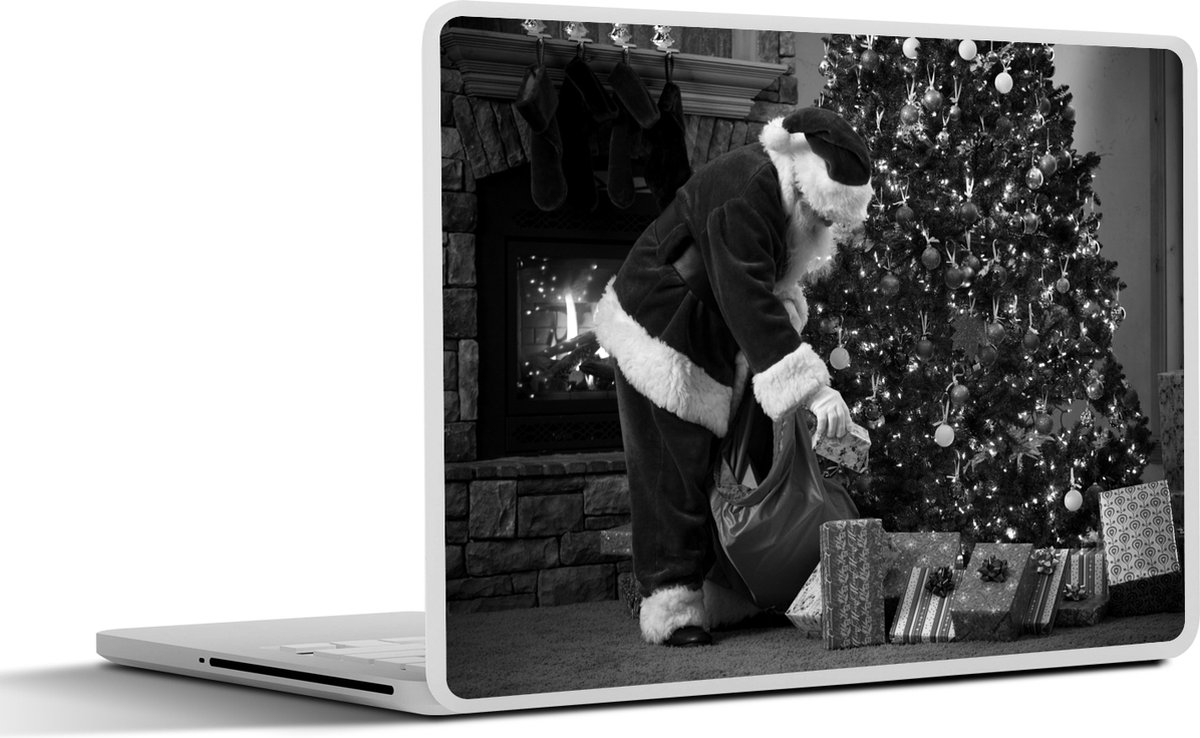 Afbeelding van product SleevesAndCases  Laptop sticker - 11.6 inch - De kerstman zet cadeautjes onder de boom - zwart wit