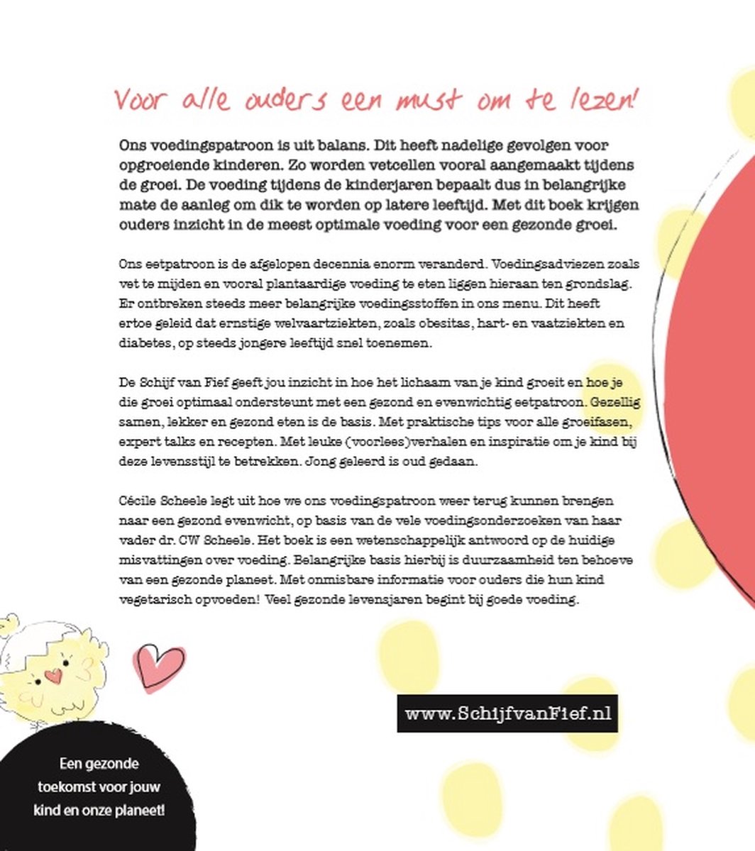 Boekpagina met tekst en illustraties van een kuiken en een hart, met de titel 'Voor alle ouders een must om te lezen!'.