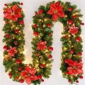 Kerstkrans Haard Rood I Kerstversiering met Ledverlichting I Rotan Kerstdecoratie I 2,7 meter Kerstkrans Kerstversiering