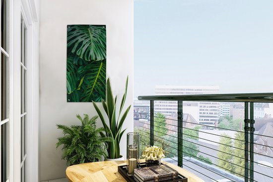 Tuinposter 30x60 cm - Tuindecoratie Donkergroene botanische bladeren in een tuin - Poster voor in de tuin - Buiten decoratie - Schutting tuinschilderij - Tuindoek muurdecoratie - Wanddecoratie balkondoek
