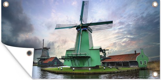 Tuinposter Windmolens in Zaandam bij zonsondergang - 80x40 cm - Wanddecoratie Buiten - Tuinposter - Tuindoek - Schuttingposter - Tuinschilderij