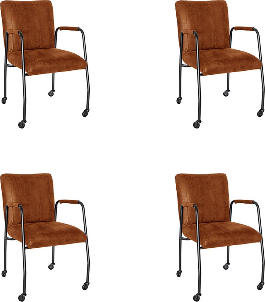 Bronx71 Eetkamerstoel met wieltjes Mila eco-leer cognac - Eetkamerstoelen set van 4 - stoel