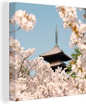 Canvas Schilderij Sakura - Bloesemboom - Pagode - Japan - Lente - 20x20 cm - Wanddecoratie