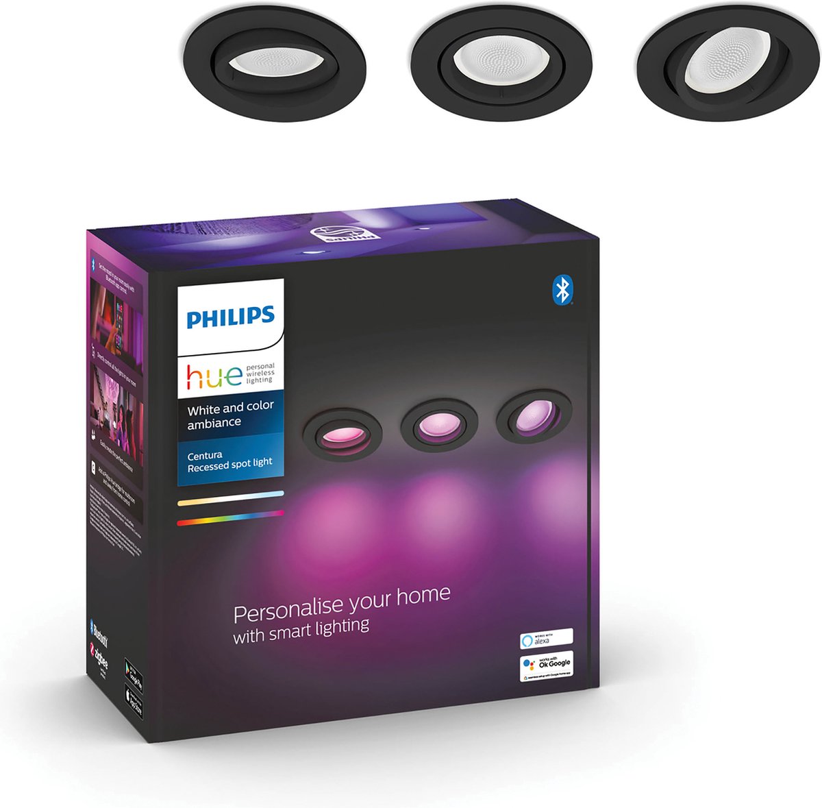 Philips Hue Centura inbouwspot – White and Color Ambiance – 3-pack – zwart – rond – Bluetooth