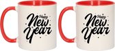 Set van 2x stuks cadeau mokken rood happy new year met sterren en sneeuwvlokken - 300 ml - koffiemokken - Oudejaarsdag / nieuwjaar