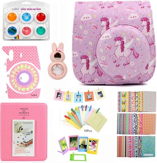 Buxibo Fujifilm Instax Mini 11 Accessoires Pakket - Inclusief Beschermhoes met Schouderriem Fuji Fotoboek/Lens/Hangertjes/Stickers -  Unicorn
