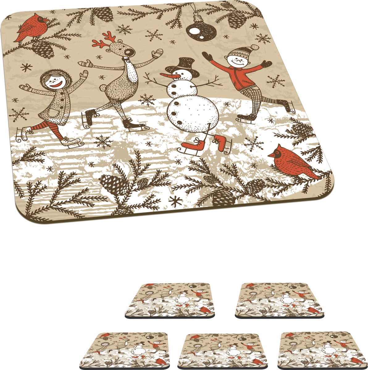 Onderzetters voor glazen - Illustratie - Kerst - Sneeuwpop - 10x10 cm - Glasonderzetters - 6 stuks