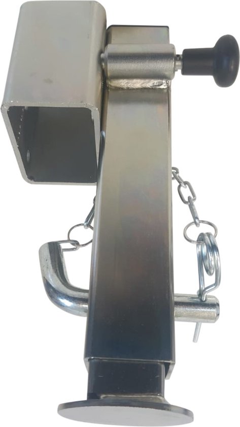 Zilverkleurige steunpoot met zwarte knop, ketting en verstelbare pin.