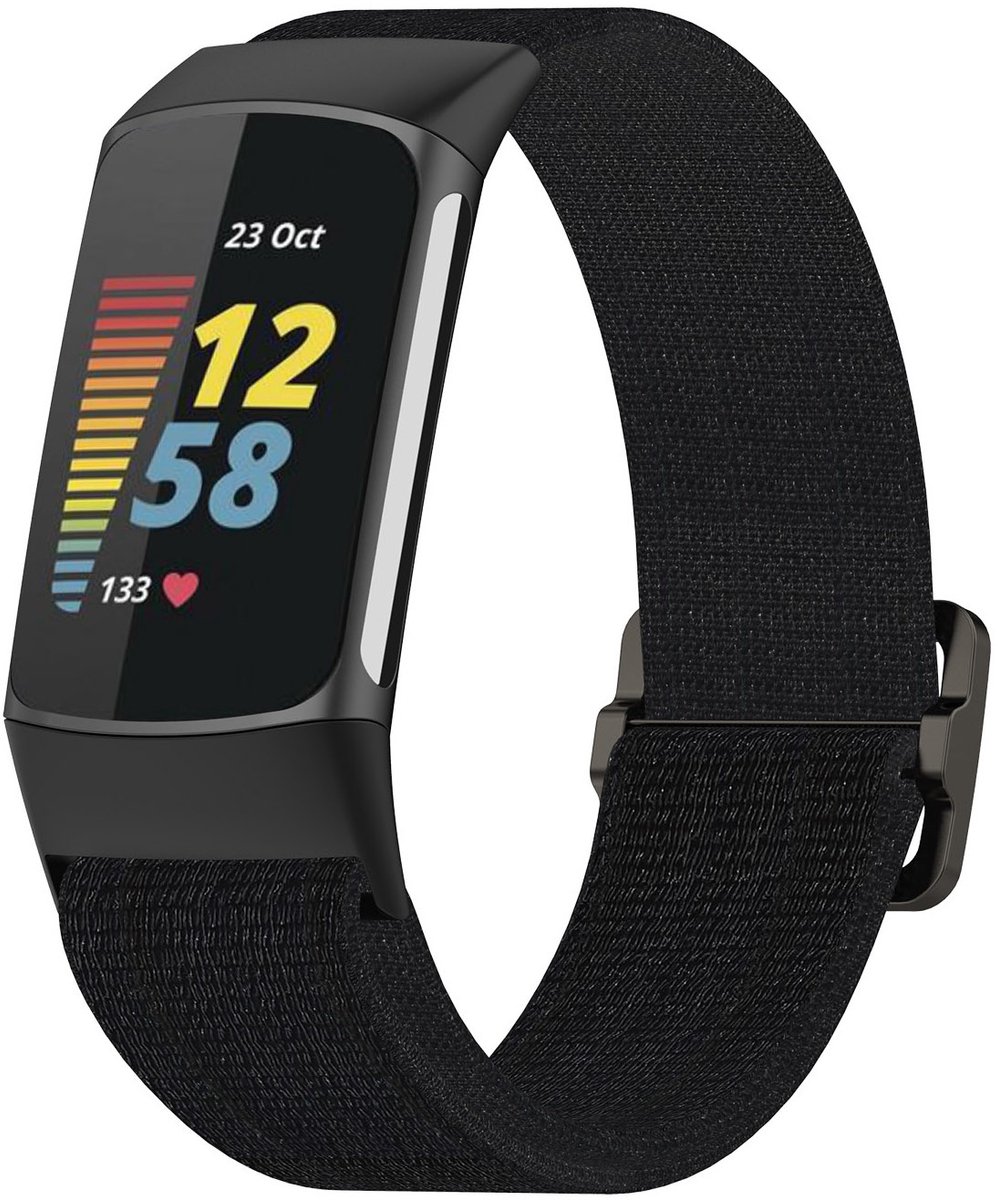 123watches nylon band - zwart - - Geschikt voor Fitbit Charge 5 & 6