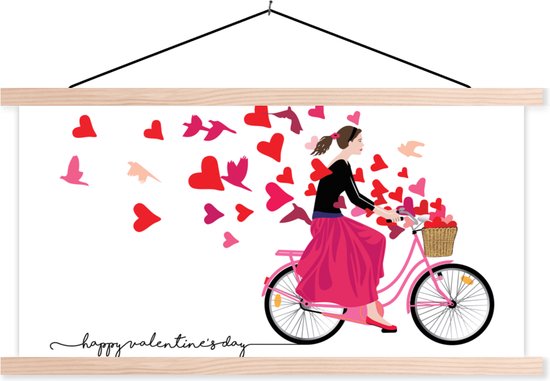 Posterhanger incl. Poster - Schoolplaat - Een illustratie van een vrouw op de fiets met een mand vol hartjes - 150x75 cm - Blanke latten