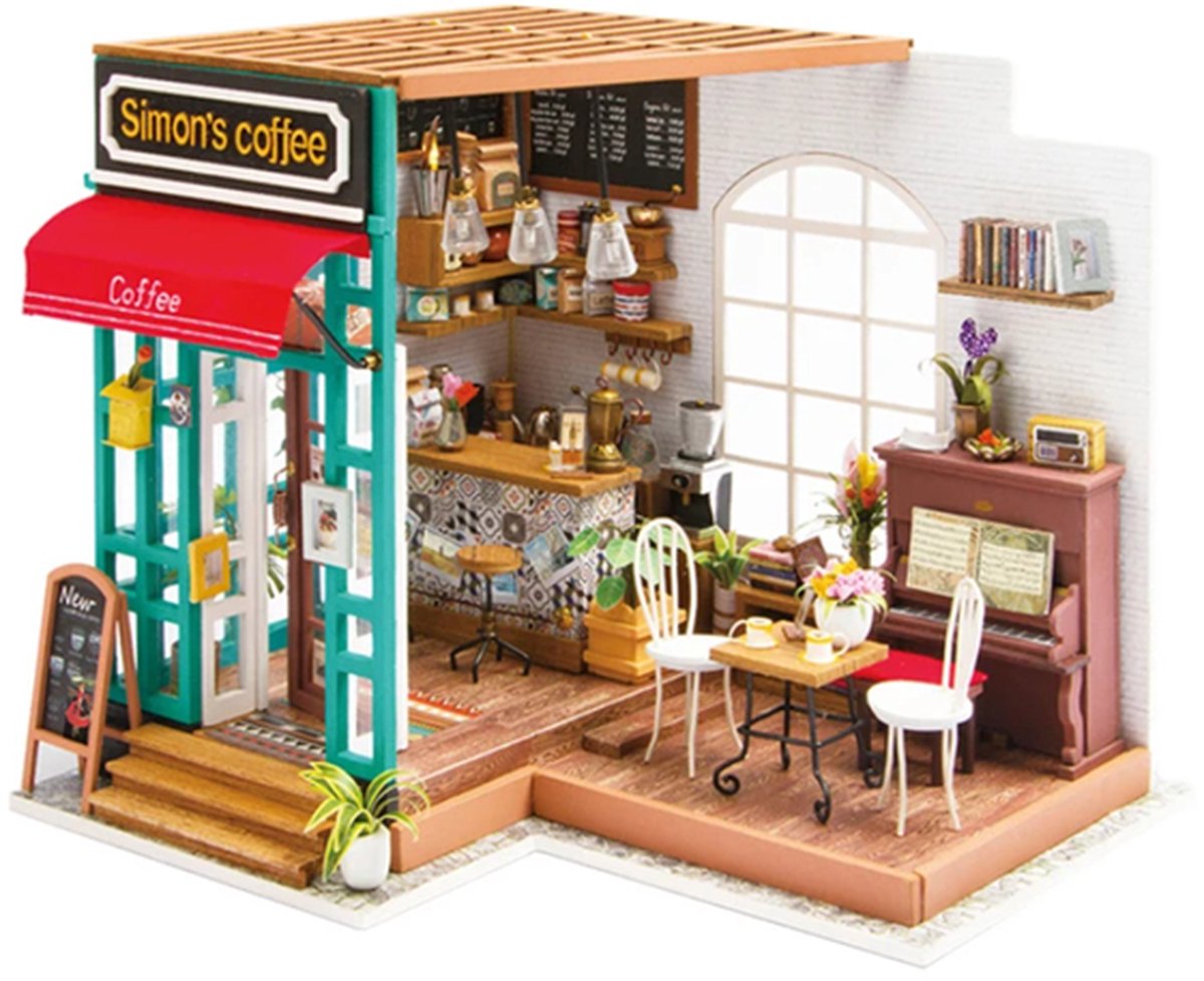Robotime Simons Koffie DG109 - Houten Modelbouw - Miniatuur bouwpakket Poppenhuis met LED licht - DIY
