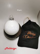 Kerst Kerstbal met naam met gratis opbergtasje wit glans witte letters