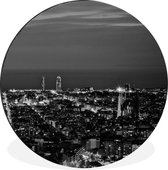 WallCircle - Wandcirkel - Muurcirkel - Spanje - Barcelona - Skyline - Zwart - Wit - Aluminium - Dibond - ⌀ 90 cm - Binnen en Buiten