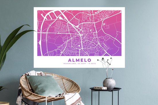 Stickers muraux - Plan de la Nederland - Almelo - Pays-Bas - Violet - 90x60 cm - Feuille adhésive - Carte