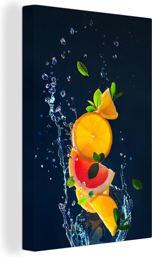 Canvas Schilderij Fruit - Water - Druppels - 60x90 cm - Wanddecoratie