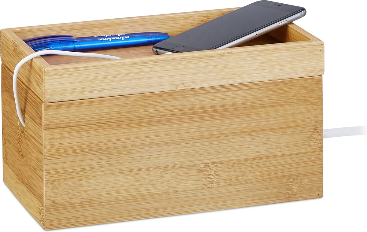 kabelbox bamboe - compact - 14 x 25,5 x 14 cm - kabelmanagement - bureau multi-oplaadstation