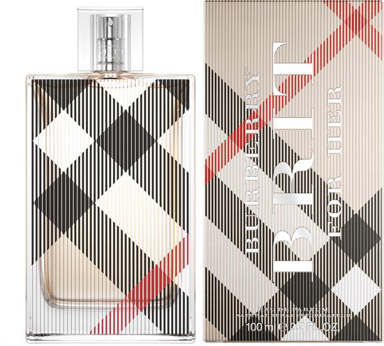 Burberry Brit for Her Eau de Parfum 100 ml fles en doos met iconisch ruitpatroon.