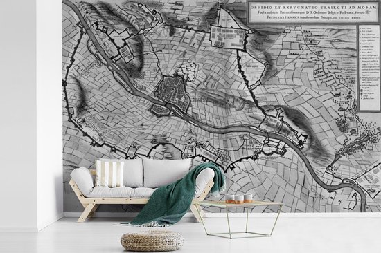 Papier peint photo en vinyle - Plan historique de la ville de Maastricht en noir et blanc - Plan d'étage largeur 525 cm x hauteur 350 cm - Tirage photo sur papier peint (disponible en 7 tailles)