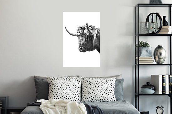 Muurstickers - Sticker Folie - Schotse hooglander met bloemen - zwart wit - 40x60 cm - Plakfolie - Muurstickers Kinderkamer - Zelfklevend Behang - Zelfklevend behangpapier - Stickerfolie