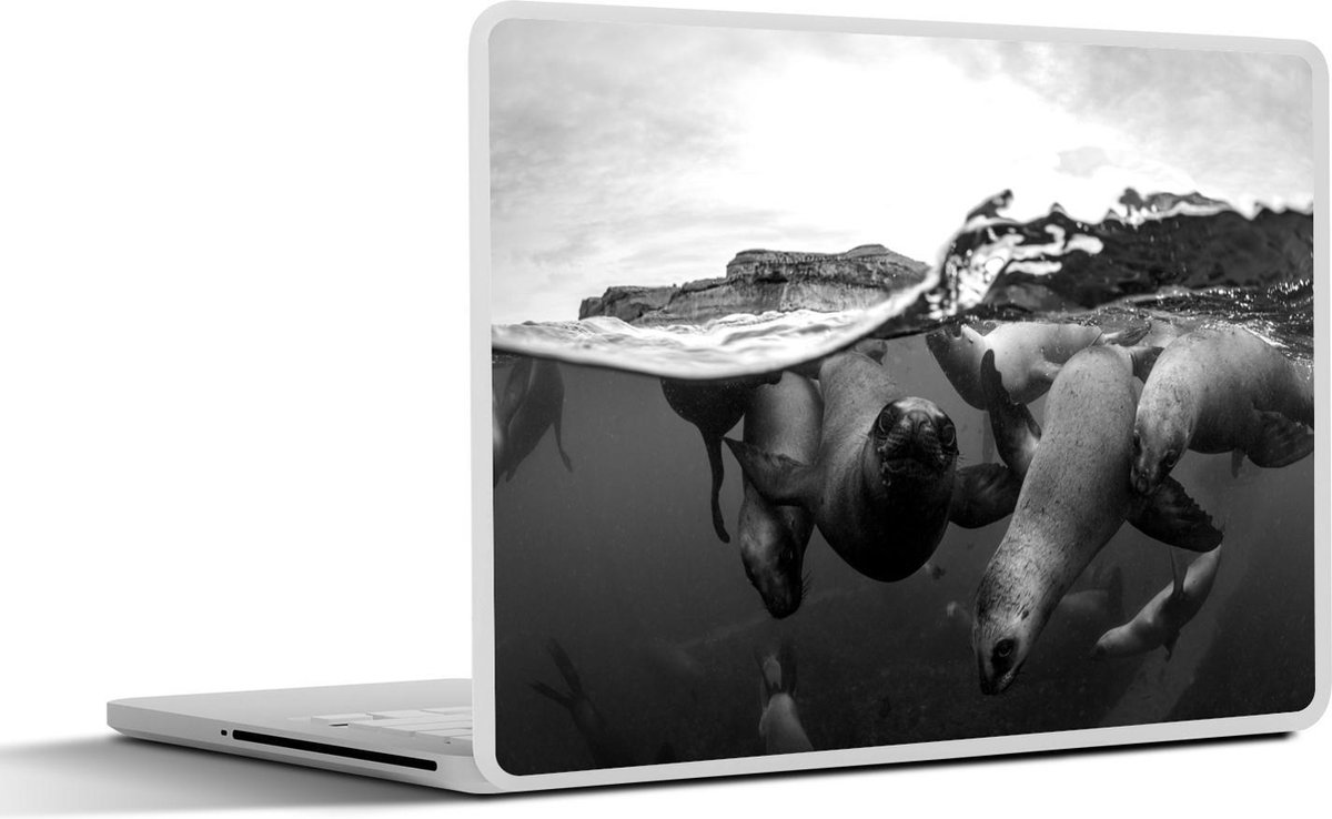 Afbeelding van product SleevesAndCases  Laptop sticker - 17.3 inch - Grote groep zeeleeuwen in het water bij Argentinië - zwart wit