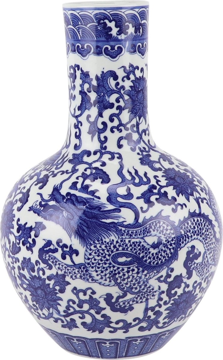 Fine Asianliving Chinese Vaas Blauw Wit Porselein Draak D22xH34cm Blauw, Wit