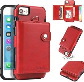 Voor iPhone 6/7/8 schokbestendige pc + TPU-beschermhoes, met kaartsleuven en portemonnee en fotolijst en draagkoord (rood)