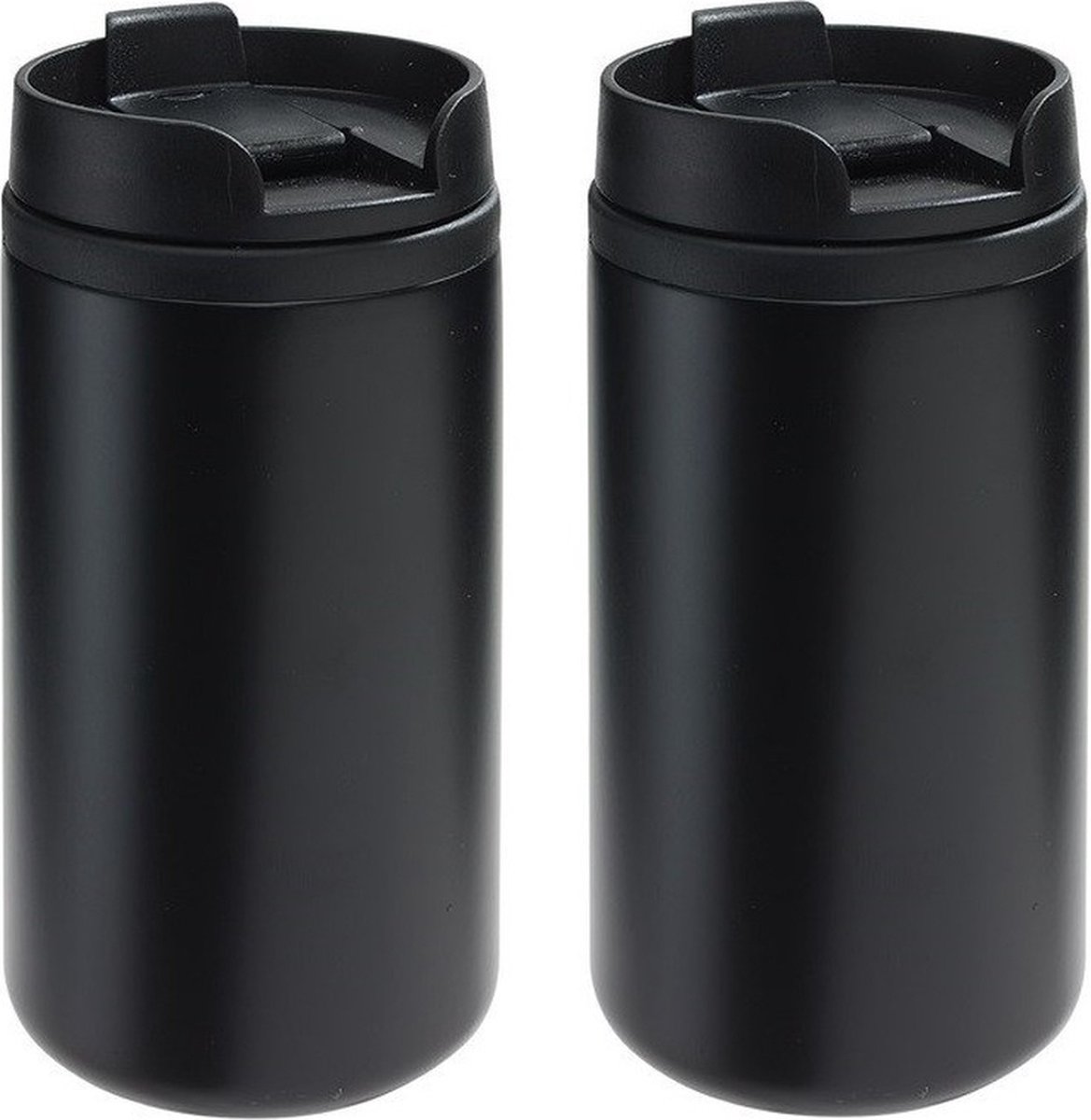 2x Thermosbekers/warmhoudbekers metallic zwart 290 ml - Thermo koffie/thee isoleerbekers dubbelwandig met schroefdop - Merkloos
