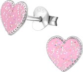 zilveren kinderoorbellen roze glitter hartje | Sterling 925 Silver (Echt zilver)