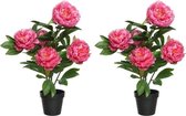 2x Roze Paeonia/pioenroos rozenstruik kunstplanten 57 cm in zwarte plastic pot - Kunstplanten/nepplanten - Pioenrozen