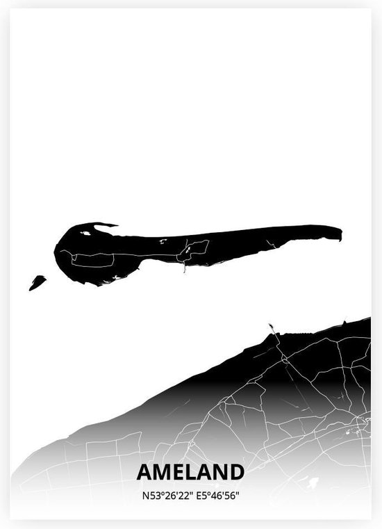 Ameland plattegrond - A3 poster - Zwarte stijl