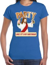 Fout kerst t-shirt blauw - party Jezus - Party like its my birthday voor dames - kerstkleding / christmas outfit M