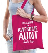 Awesome aunt / geweldige tante cadeau katoenen tas roze voor dames - kado tas / tasje / shopper