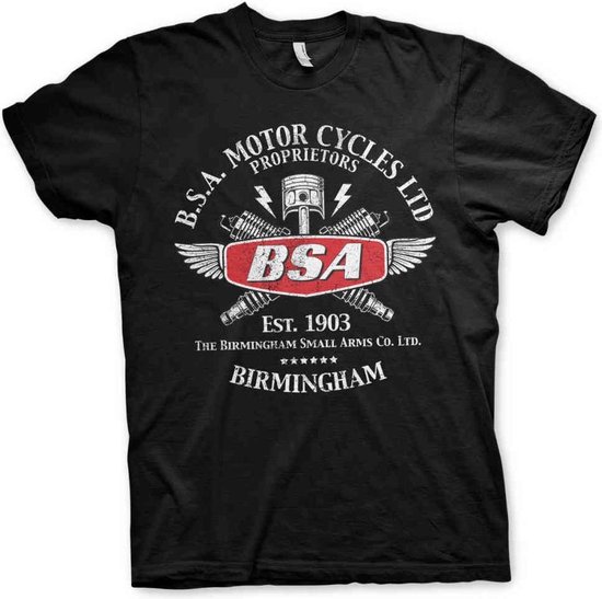 Zwart t-shirt met B.S.A. Motor Cycles Proprietors logo in rood en wit. Gevestigd in 1903.