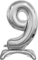 Folie ballon cijfer 9 zilver - met standaard - 76 cm