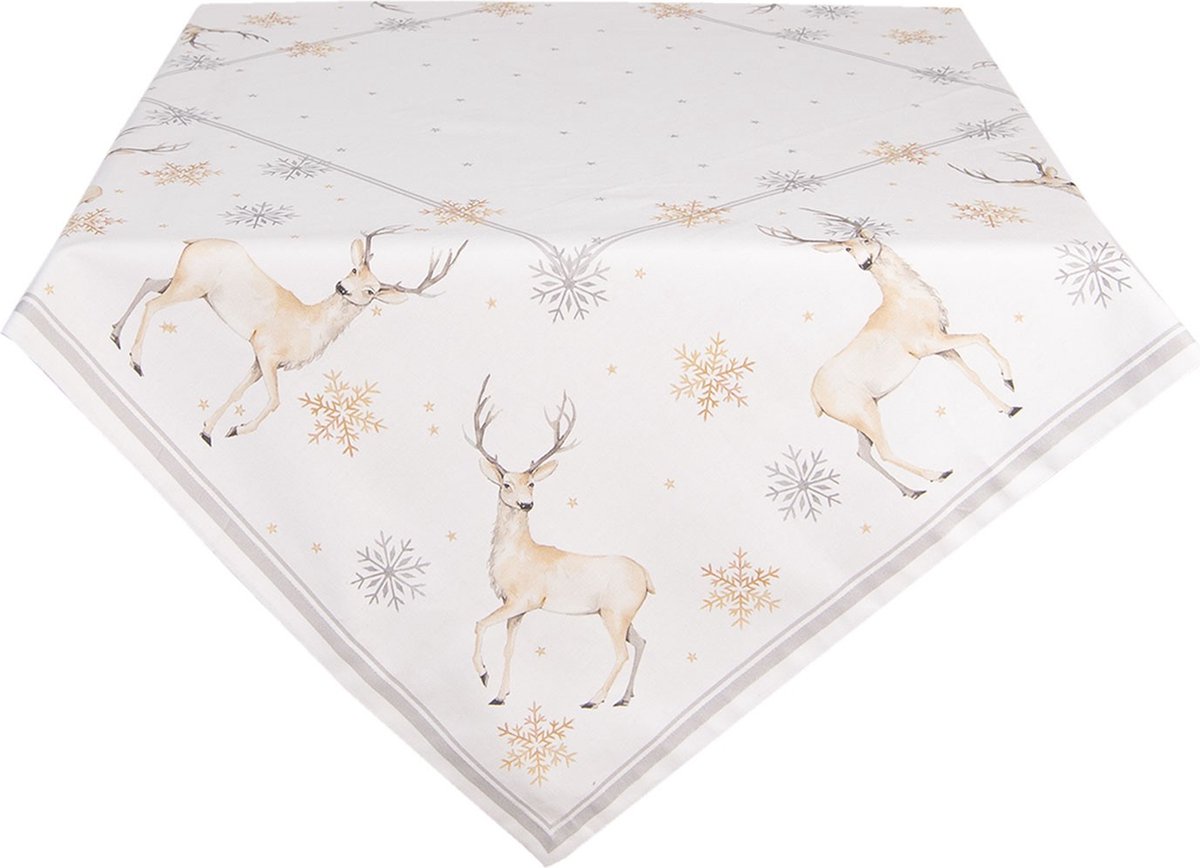 Clayre & Eef Tafelkleed 100x100 cm Wit Beige Katoen Vierkant Hert en Kerst Tafellaken