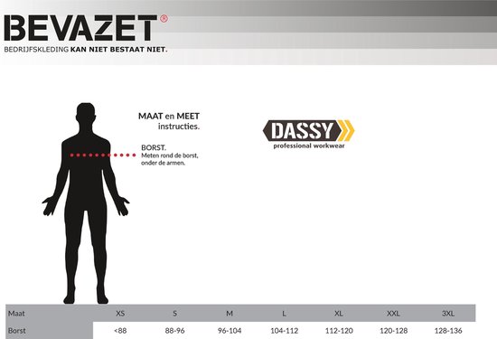 Maattabel voor werkjas Dassy. Borstomvang meten onder de armen.