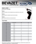 Maattabel voor Sika werkschoenen met maten en afmetingen in cm, UK en US.