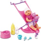 NIEUW GEBOREN BABY Babypop 12 cm drankjes en pees + Wandelwagen en accessoires