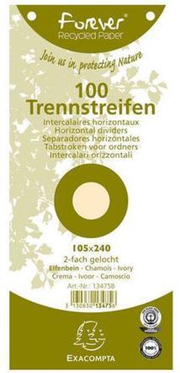 Exacompta FOREVER® Pak van 100 horizontale tabstroken met perforatie 180g - 105x240mm - Ivoor - 13475B