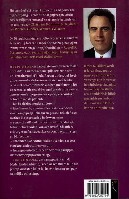 Achterkant van het boek Het Pijnboek. Bevat tekst en een portret van James N. Dillard.