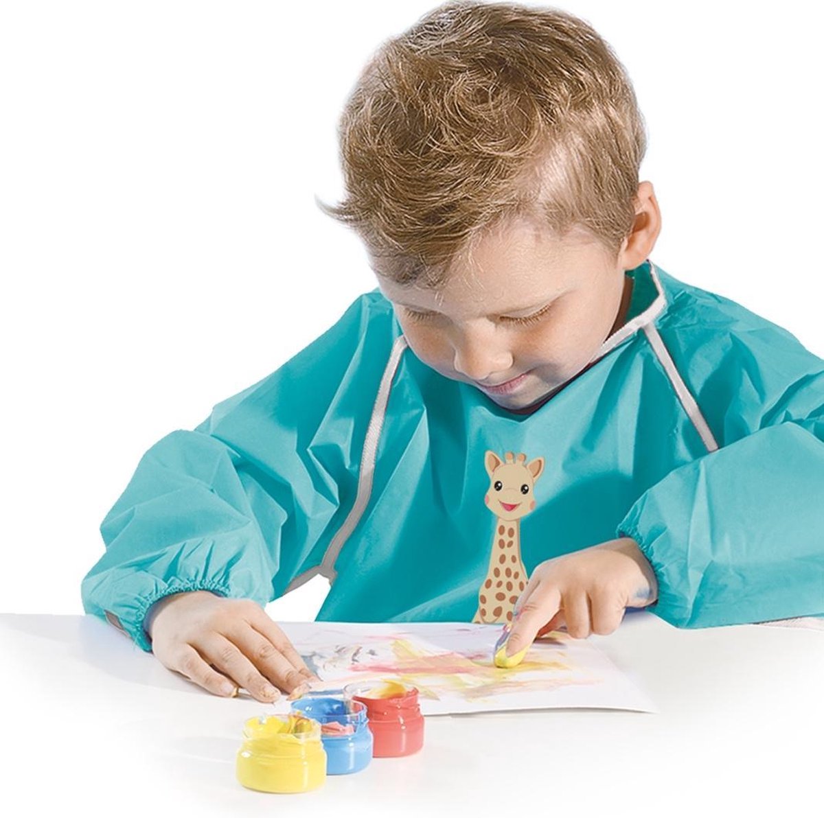 SES Creative - Sophie la Girafe - Vingerverf Set met Kliederschort - 4 kleuren vingerverf - inclusief verfschort, papier en overlegvellen - glutenvrij - makkelijk uitwasbaar - vingerverf vanaf 1 jaar — afbeelding 2
